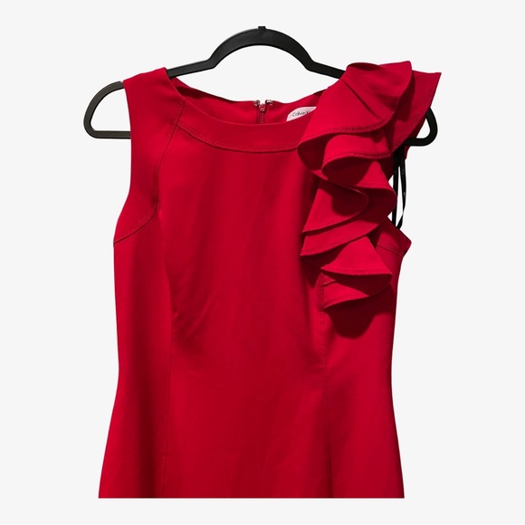 Calvin Klein Red Dress with Ruffle Shoulder - Picture 3 of 5